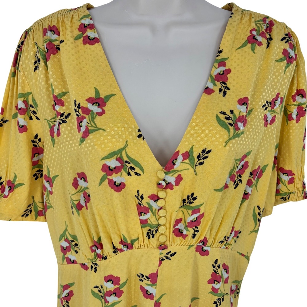 Jill Stuart Yellow Floral Swiss Dot Maxi Dress V-Neck Puff Sleeve Size 12